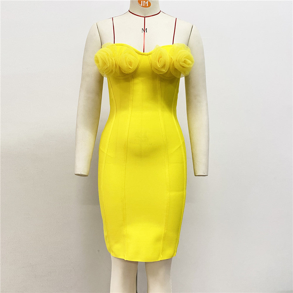 European and American sexy strapless dress, fashionable mesh flower temperament slim fit dress