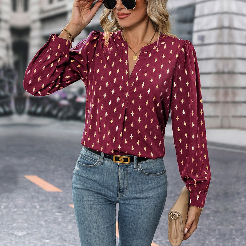 Spring and Autumn Multi colored European and American Women's Long Sleeve Diamond Gold Plated Women's Shirt