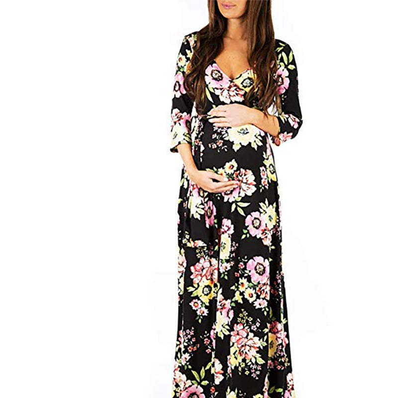 Cross deep V-neck waistband, waist cinched, 3/4 sleeves, floor mopping maternity dress, long dress