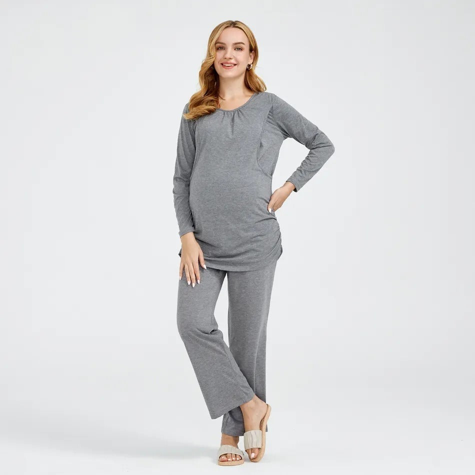 New European and American solid color round neck long sleeved pants lactating maternity suit