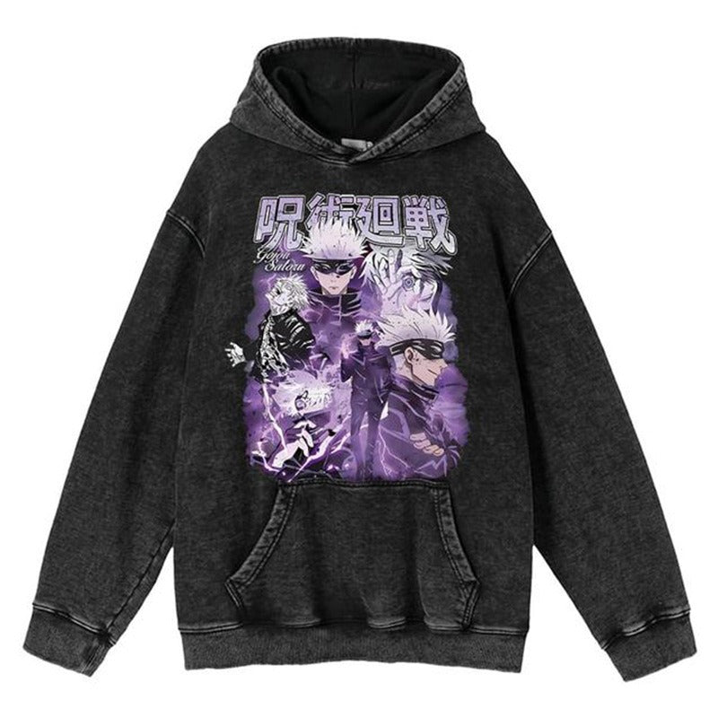 New washed retro hoodie spell battle anime peripheral printed hoodie for men