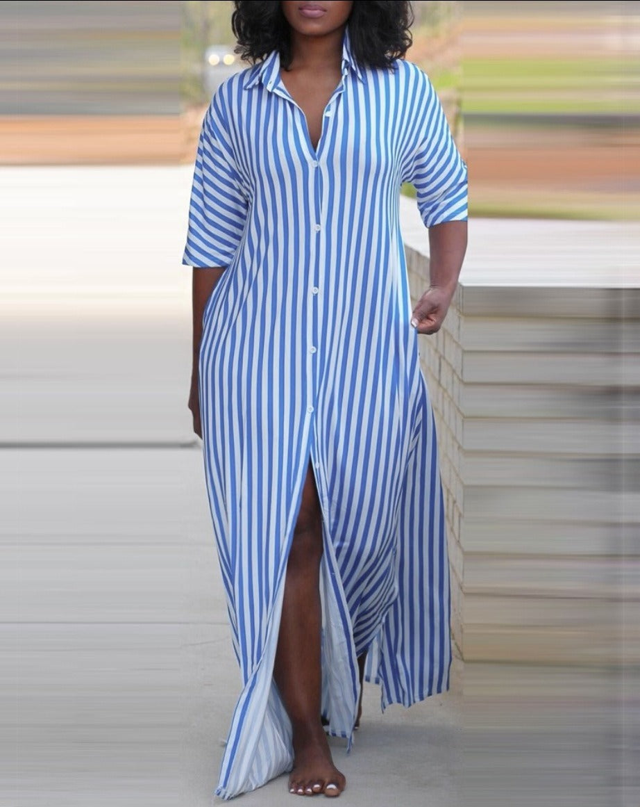 Summer fashion loose V-neck long striped shirt dress for women