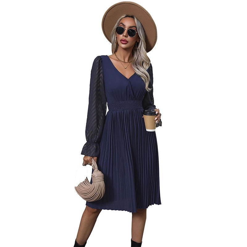 Spring and Autumn Hot Selling Fashion Women's Wear Solid Color V-neck Dress European and American Elegance