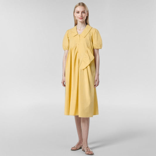 Ruffle edge splicing for minimalist design, yellow dress for women