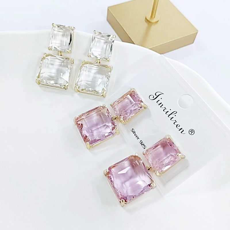 Fashionable geometric square transparent crystal earrings, elegant purple long earrings for women