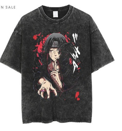 Anime cartoon wash and distressed short T