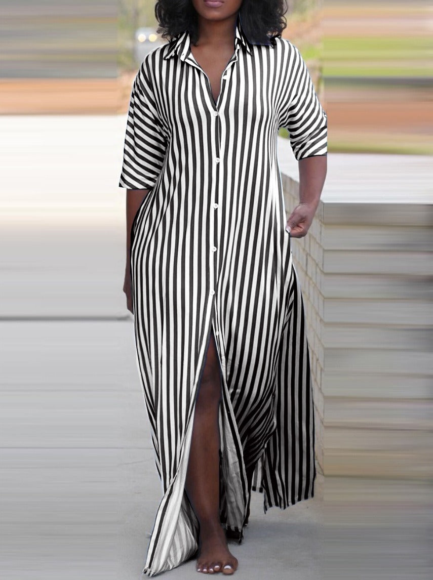 Summer fashion loose V-neck long striped shirt dress for women