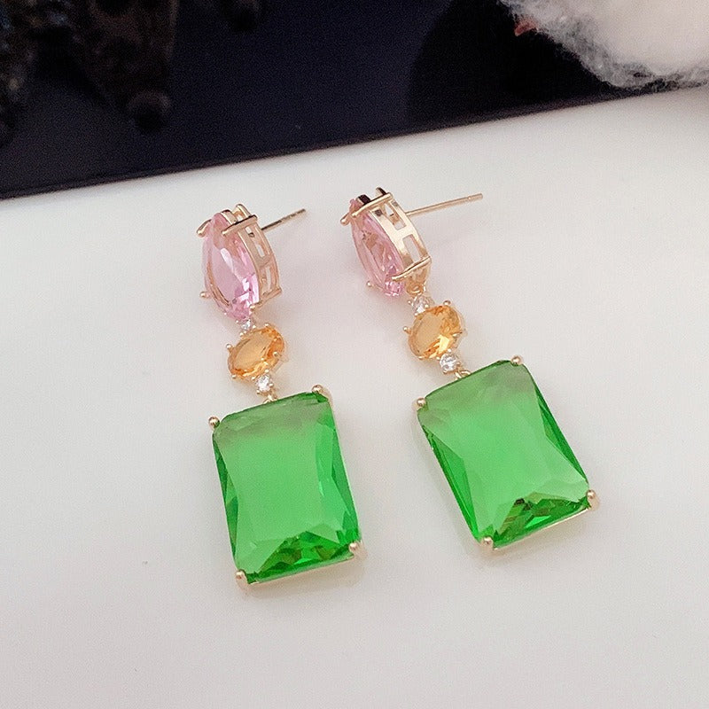 Pink Droplet Geometric Square Earrings Light Luxury Contrast Color Transparent Zircon Candy Color Fashion