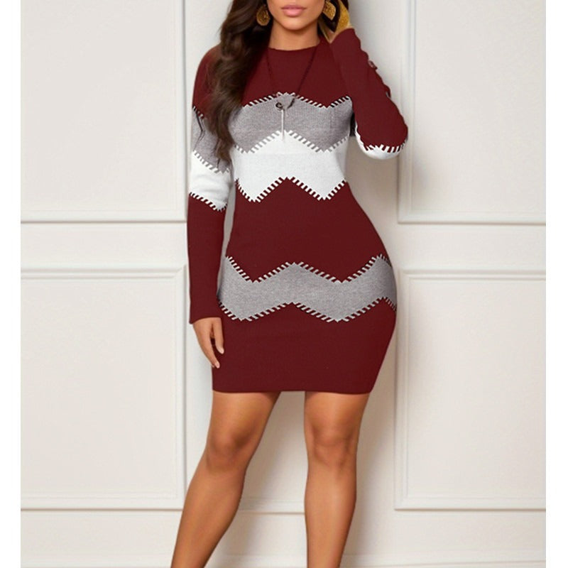 Mid length short skirt round neck long sleeved printed knitted buttock wrap dress