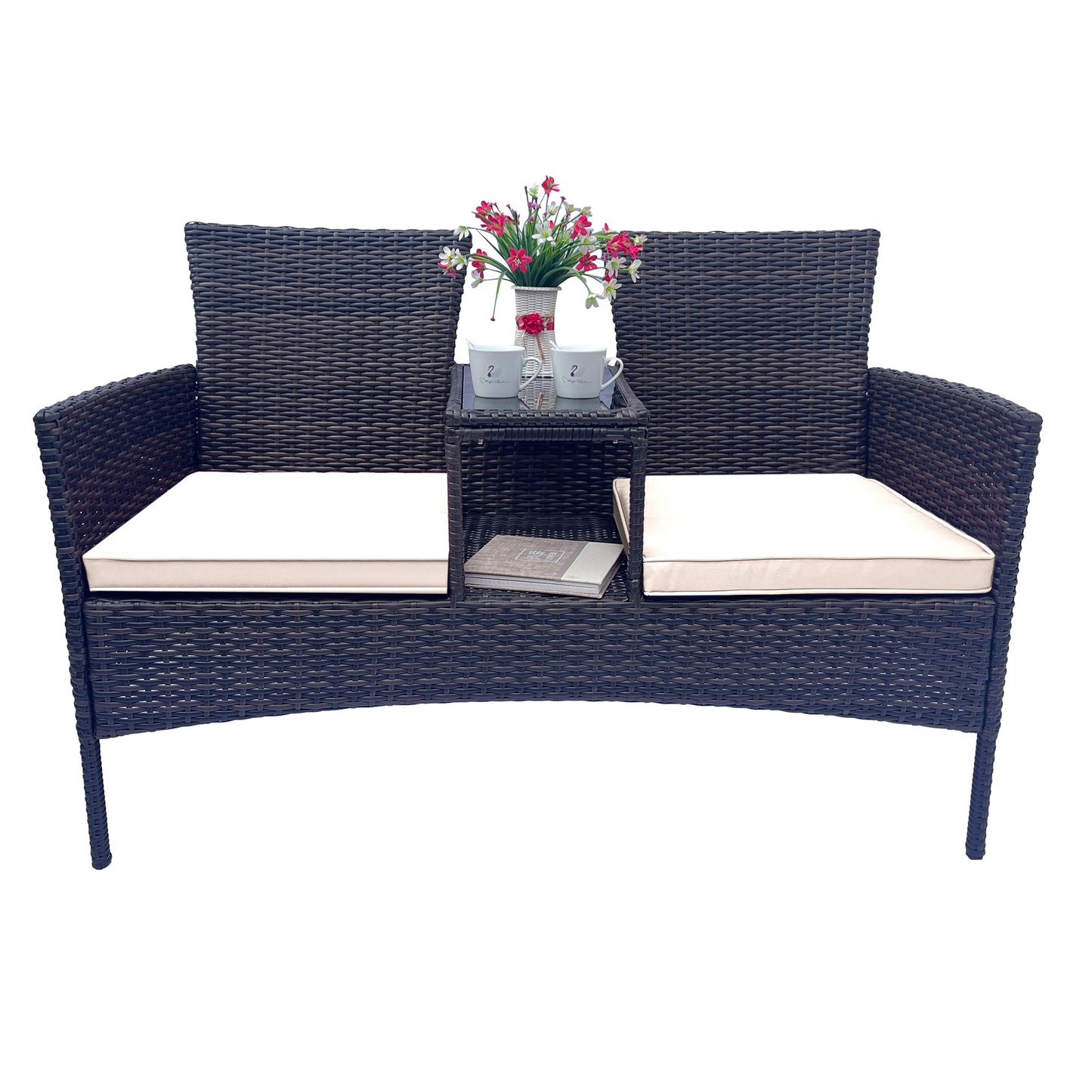 Wicker Patio Conversation Furniture Set Outdoor Furniture Set with Removable Cushions & Table