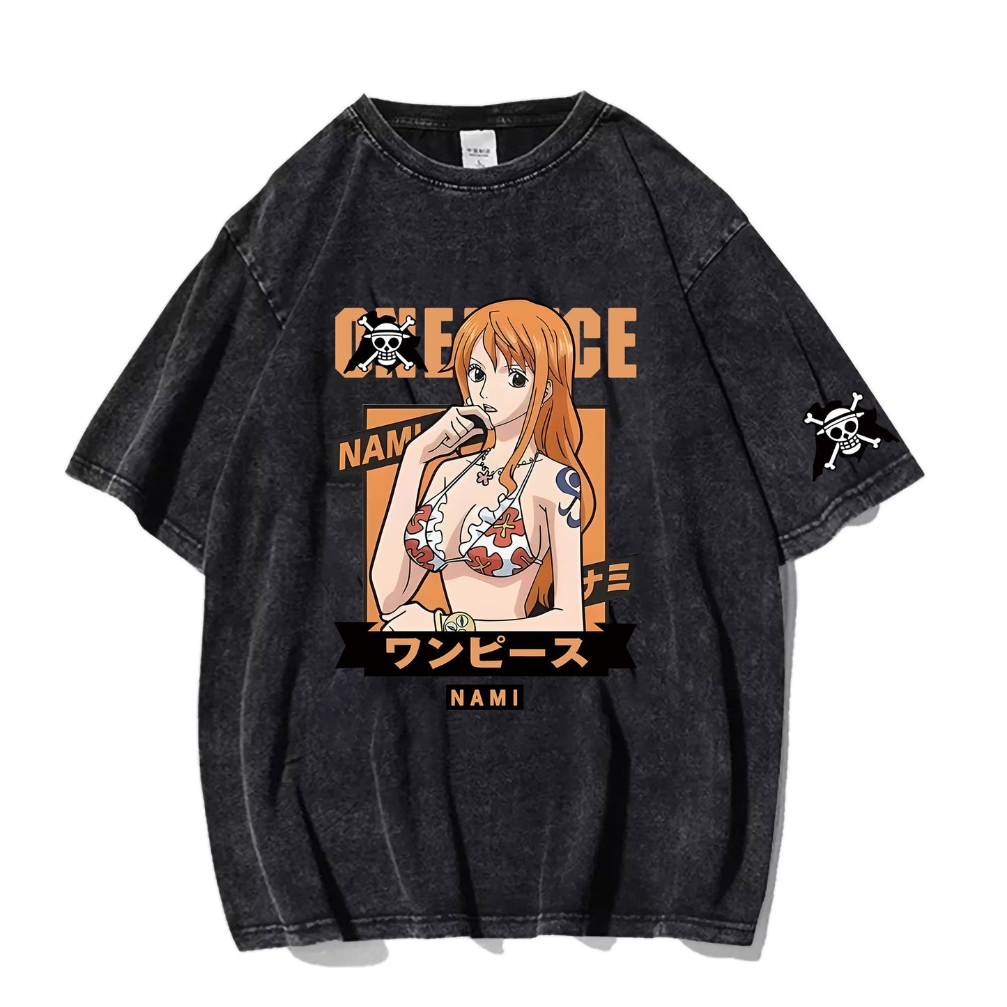 Washed old short sleeved T-shirt Japanese anime pirate Wang Nami short sleeved T-shirt for men