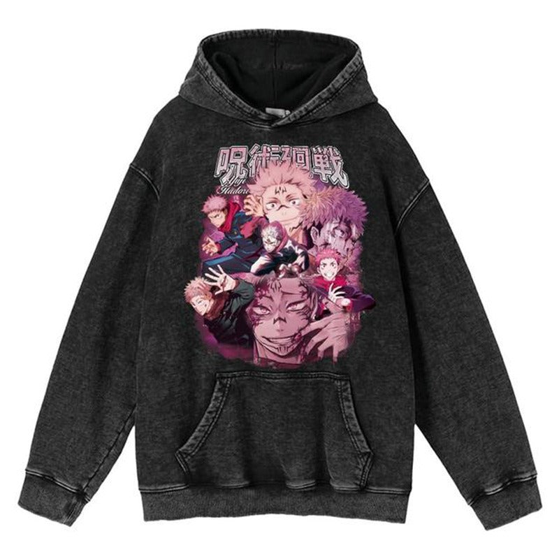 New washed retro hoodie spell battle anime peripheral printed hoodie for men