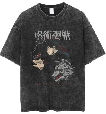 Anime cartoon wash distressed  t-shirt high street dark man