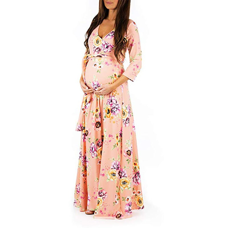 Cross deep V-neck waistband, waist cinched, 3/4 sleeves, floor mopping maternity dress, long dress