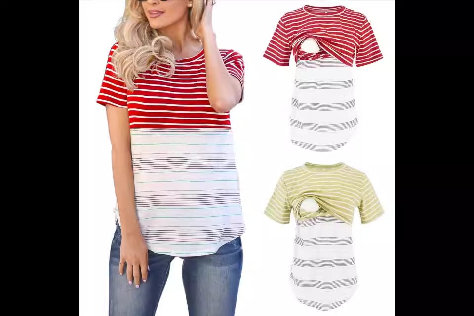 Striped patchwork T-shirt for pregnant women's cross over invisible breastfeeding underwear