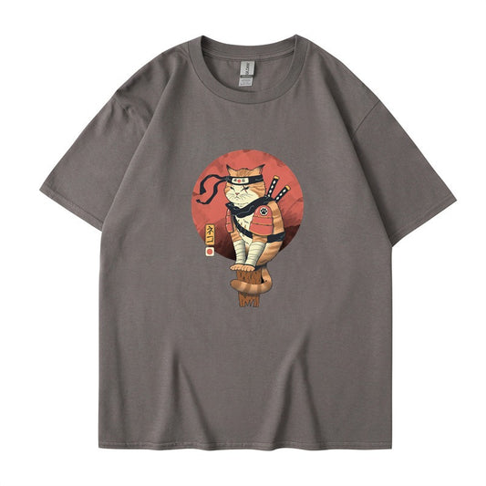 Cute ninja cat print T-shirt for men and women, cool summer short sleeved round neck T-shirt