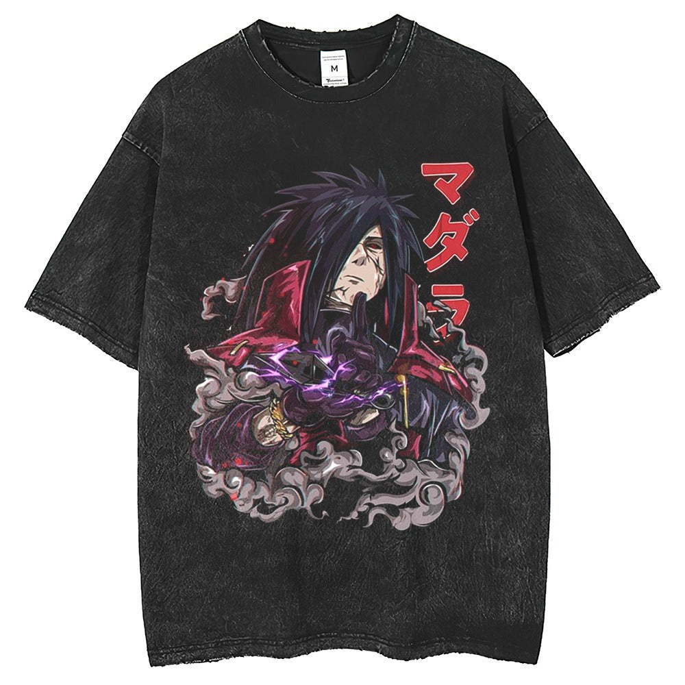 Anime Fire Shadow Print T-shirt for Men and Women Summer Half sleeved Shirt Retro distressed washed black