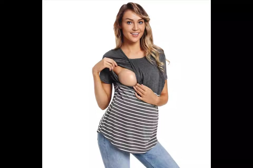 European and American fashion round neck short sleeved breastfeeding T-shirt with striped patchwork parent-child maternity wear