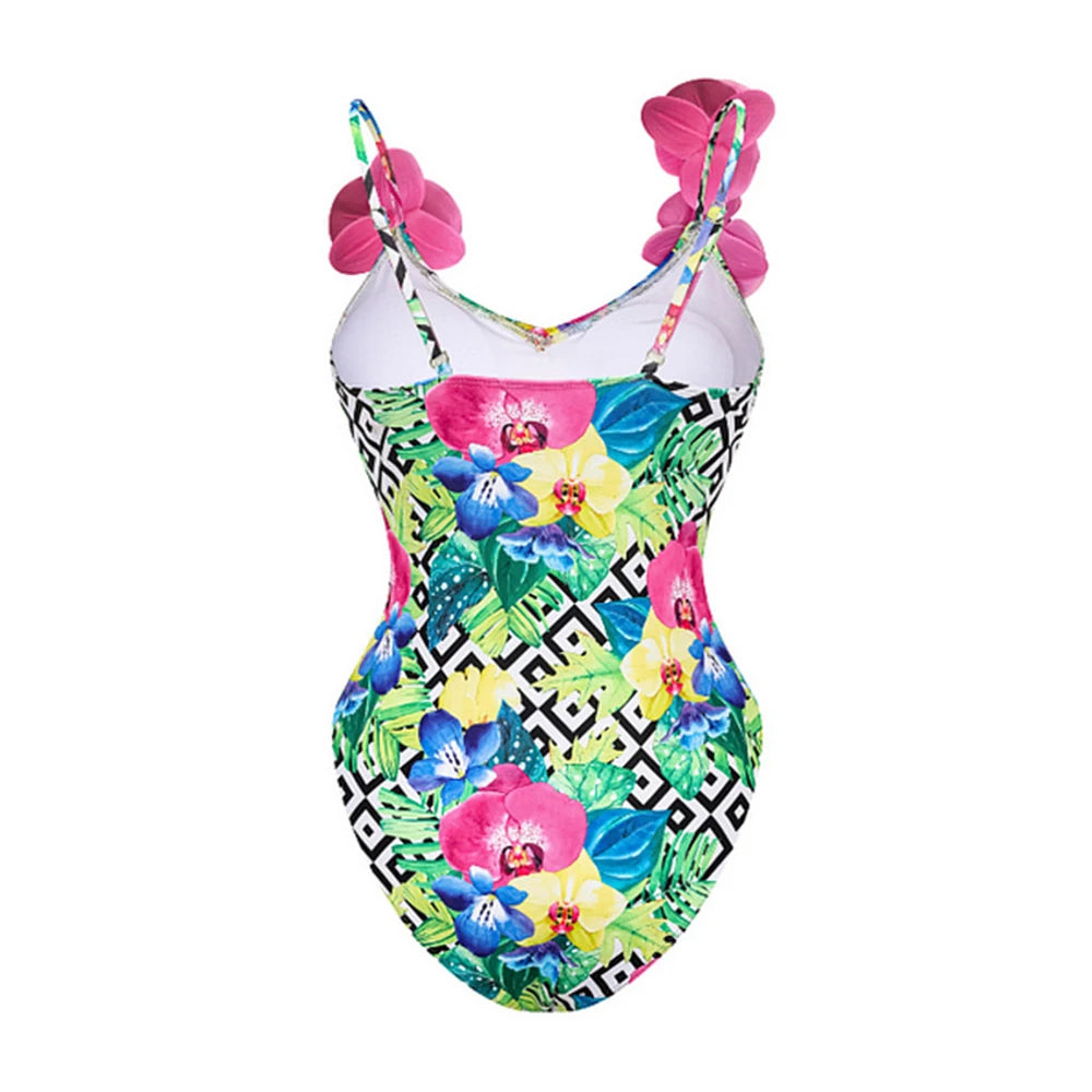 Simulated flower one piece swimsuit set for beach vacation