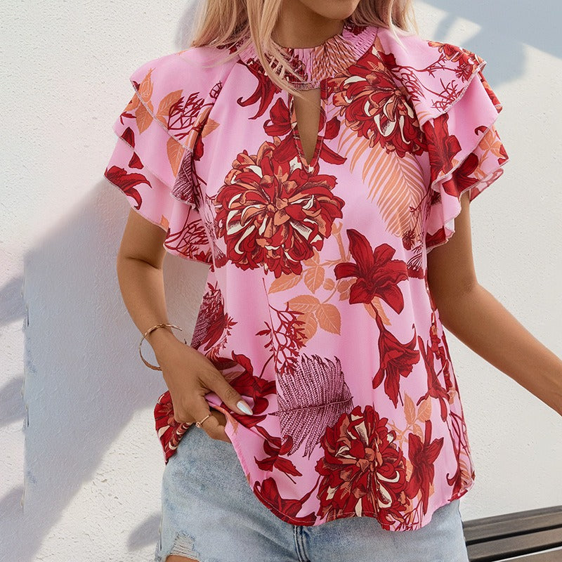 New European and American summer women's clothing lotus leaf layered sleeve printed shirt for women