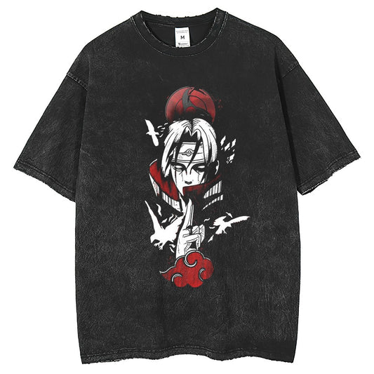 Anime Fire Shadow Print T-shirt for Men and Women Summer Half sleeved Shirt Retro distressed washed black