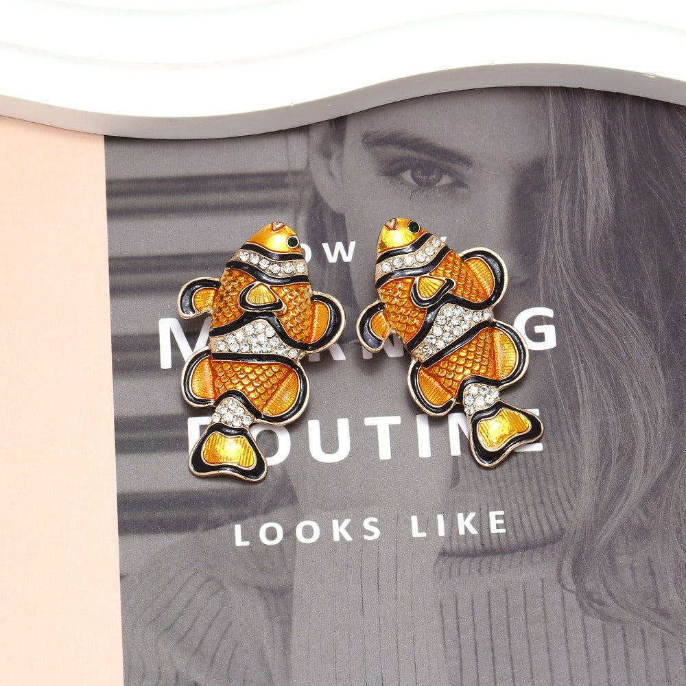 European and American personality cute diamond studded clownfish earrings for women