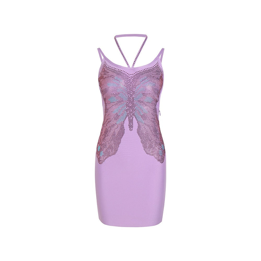 Suspender butterfly beaded shiny slim fit sexy women's sleeveless backless hanging neck bandage dress