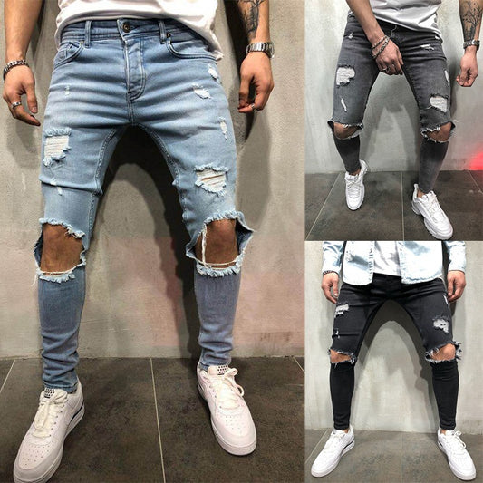 European and American jeans new style ripped slim men's trousers cross-border European and American men's slim pants