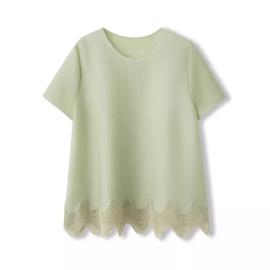 Solid color pleated irregular lace edge top for women