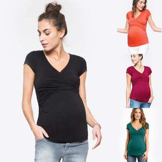 European and American summer short sleeved pregnant women's clothing with deep V-neck solid color cross feeding suit nursing clo