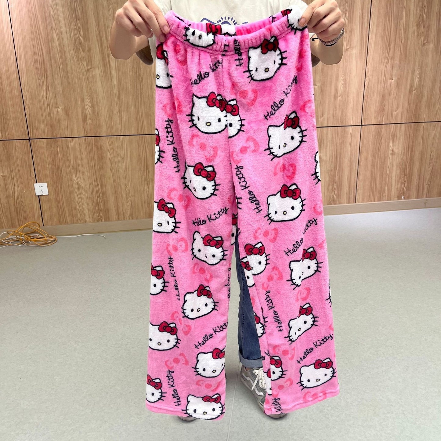 Cartoon KT cat sleepwear thick flannel women's plush warm casual home pants