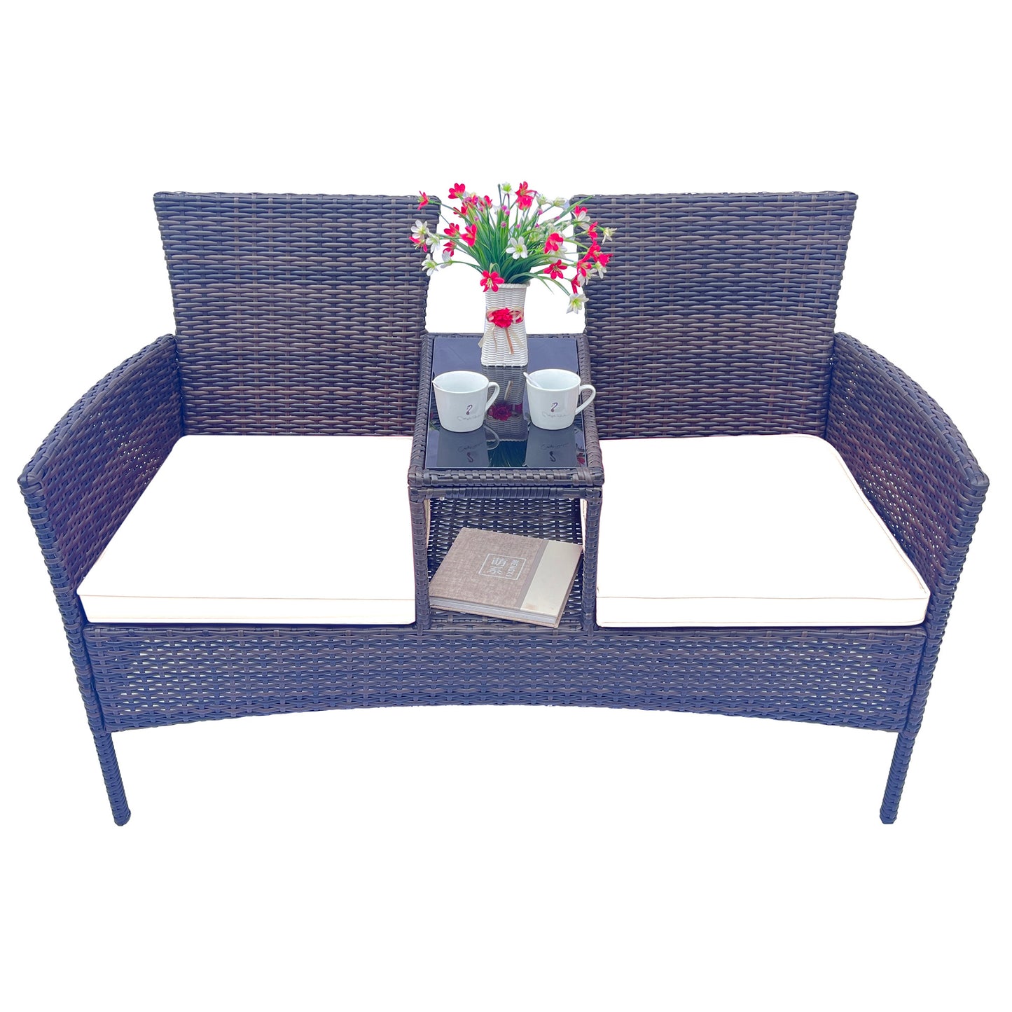 Wicker Patio Conversation Furniture Set Outdoor Furniture Set with Removable Cushions & Table