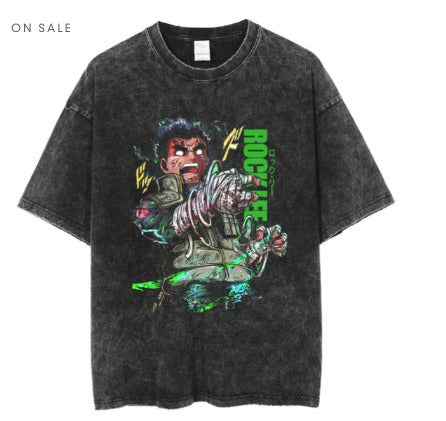 Anime cartoon wash distressed  t-shirt high street dark man