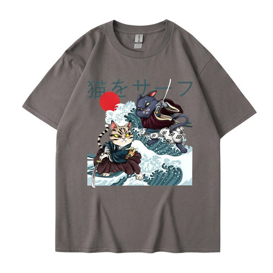 Summer Samurai Cat Print Large Loose Fashion Short sleeved T-shirt Trendy Brand