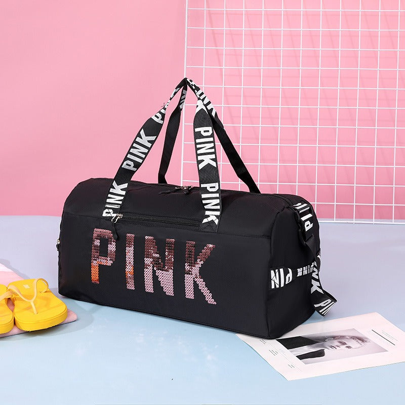 New fitness bag, shoe compartment, dry wet separation bag, sports travel bag, shiny pink letter single shoulder crossbody bag