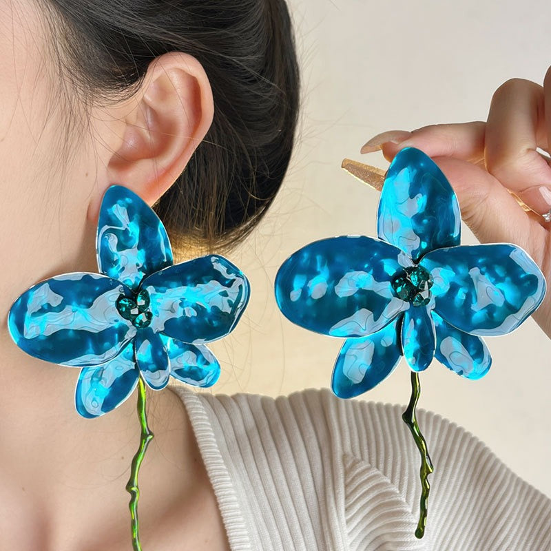 Enamel Drop Glaze Metal Large Flower Earrings with Advanced Fashion Earrings