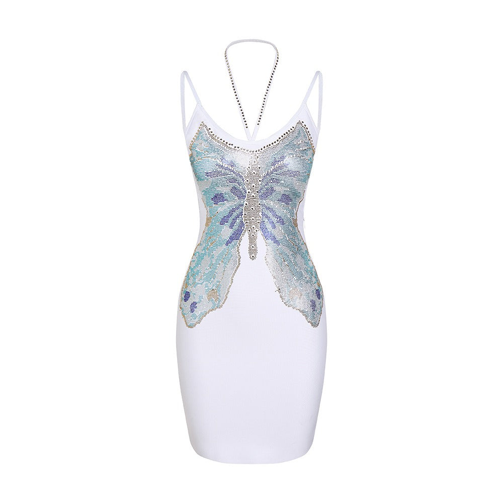 Suspender butterfly beaded shiny slim fit sexy women's sleeveless backless hanging neck bandage dress