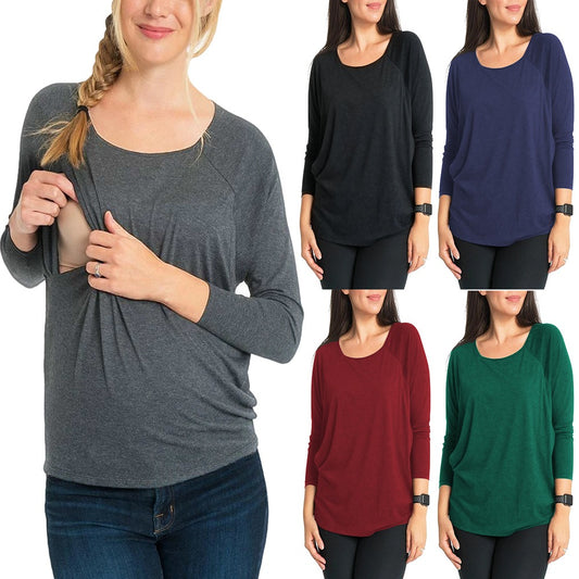 Pregnant women's top fashionable round neck shoulder insertion long sleeved nursing T-shirt