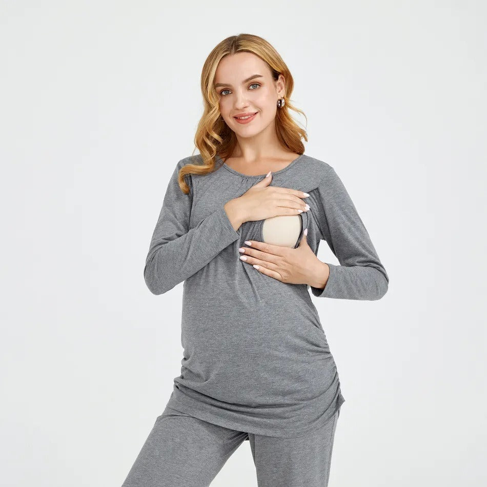 New European and American solid color round neck long sleeved pants lactating maternity suit