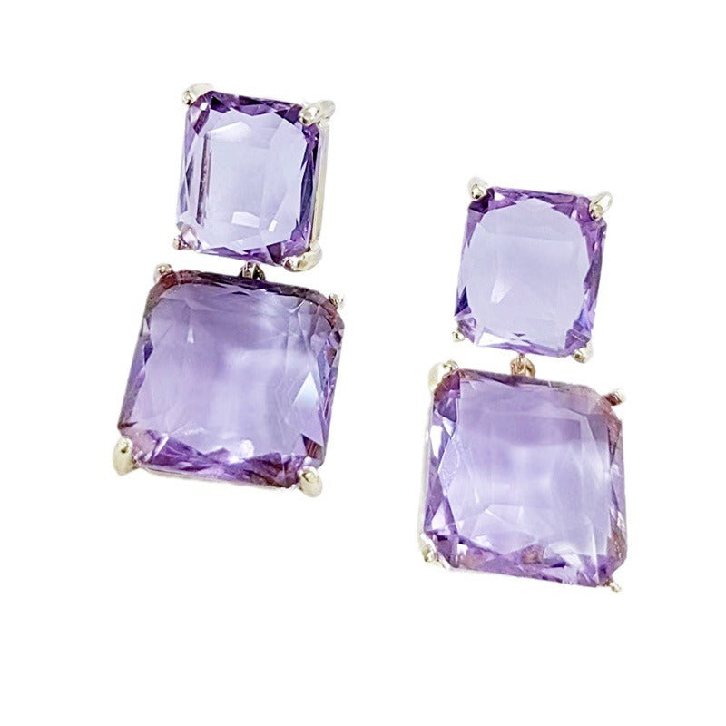 Fashionable geometric square transparent crystal earrings, elegant purple long earrings for women