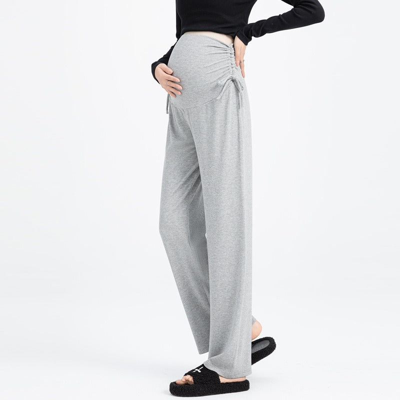 Pregnant women's pants in spring and summer, small stature, wide leg pants for pregnancy, wearing drawstring straight leg pants outside, spring and summer