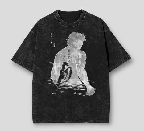 Anime cartoon wash distressed  t-shirt high street dark man