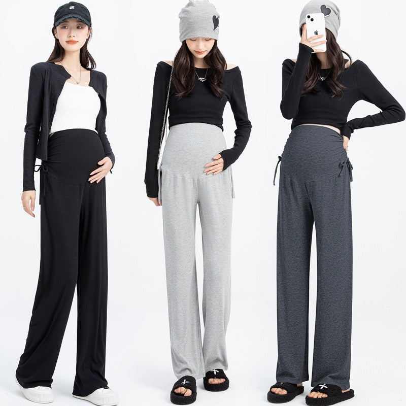 Pregnant women's pants in spring and summer, small stature, wide leg pants for pregnancy, wearing drawstring straight leg pants outside, spring and summer