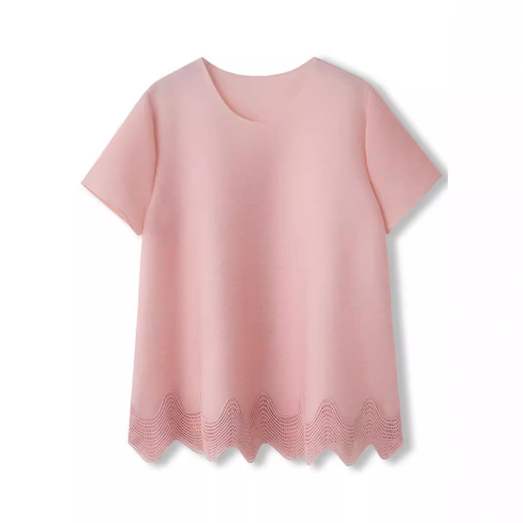 Solid color pleated irregular lace edge top for women