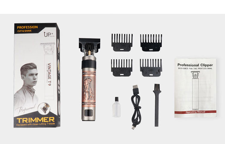 T9 Hair Clipper Oil Head Push Digital Display Carving Skull Small Hair Clipper Trimming Shaved White USB Charging Zinc Alloy