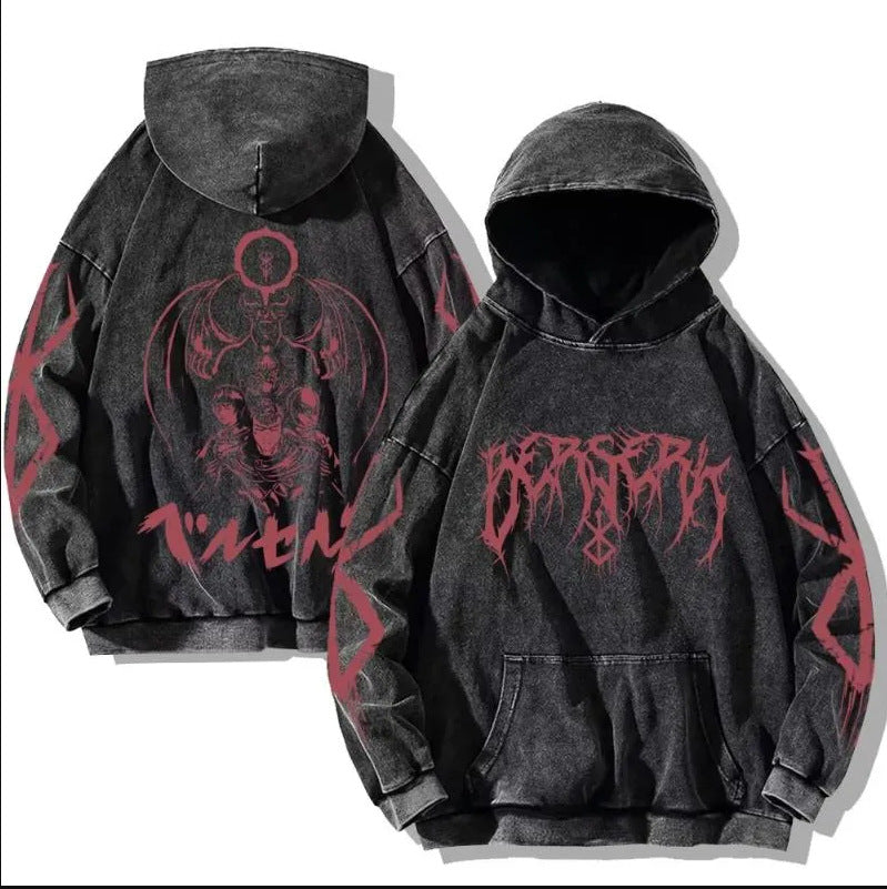 New washed retro hoodie spell battle anime peripheral printed hoodie for men