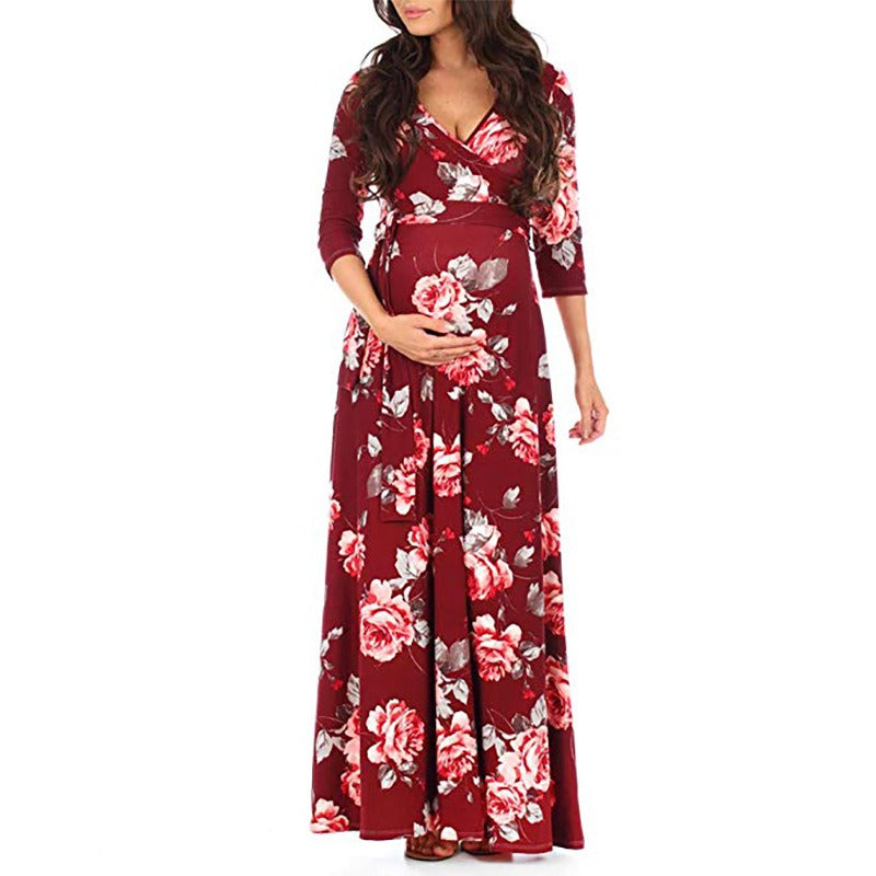 Cross deep V-neck waistband, waist cinched, 3/4 sleeves, floor mopping maternity dress, long dress