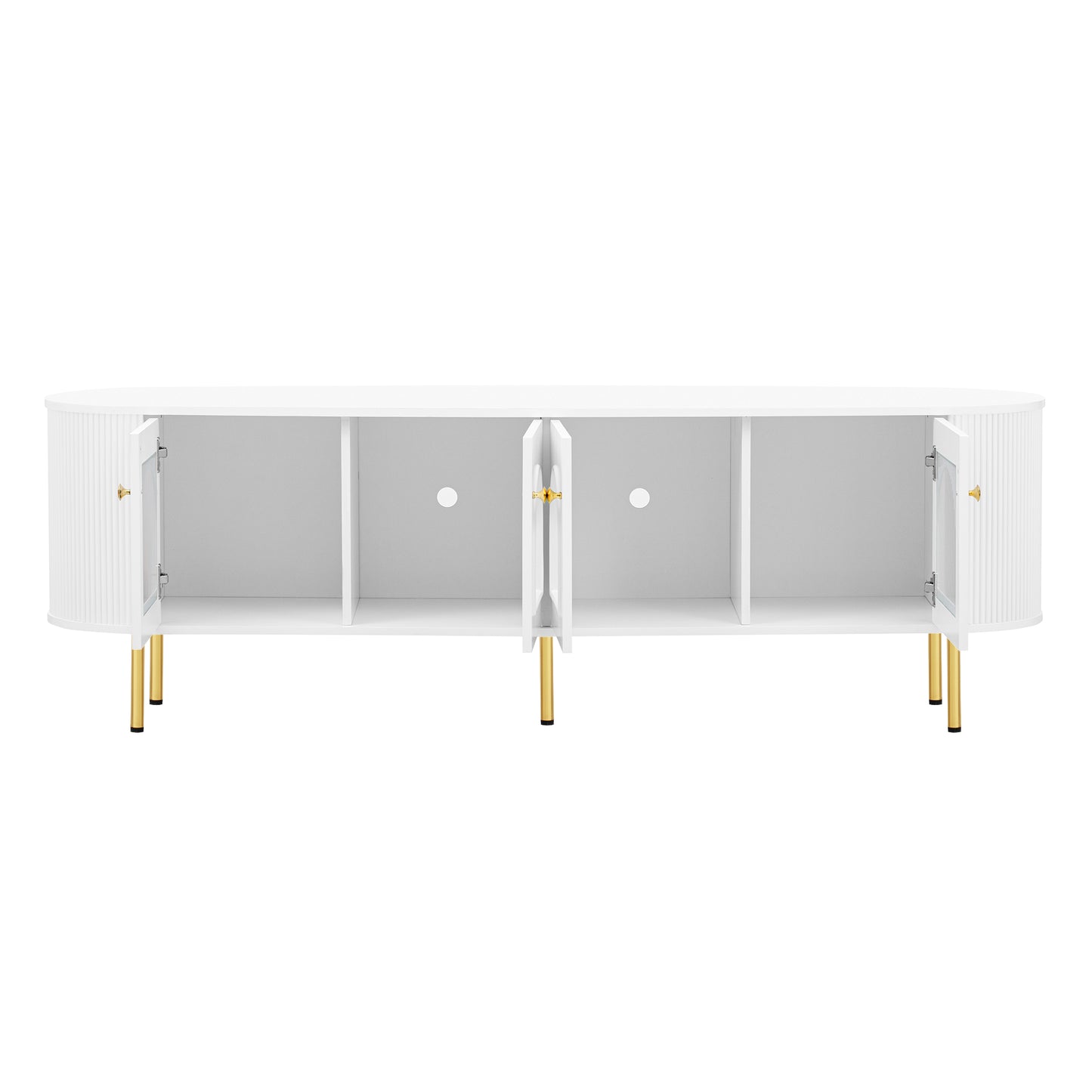 U-Can Modern TV Stand for TVs up to 80 Inches, Entertainment Center with 4 Cabinets, Wood with Metal Legs and Handles White