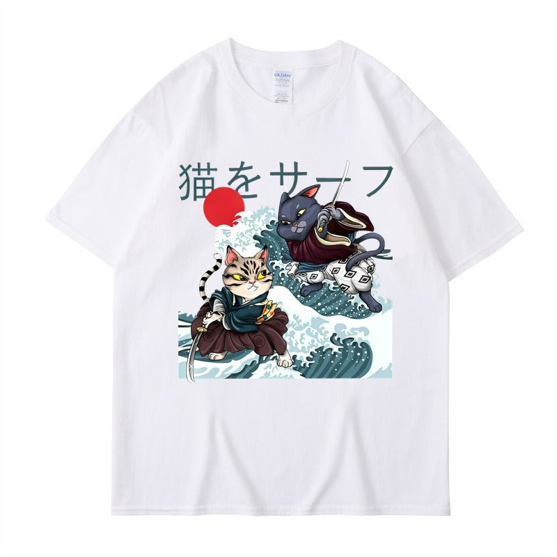 Summer Samurai Cat Print Large Loose Fashion Short sleeved T-shirt Trendy Brand