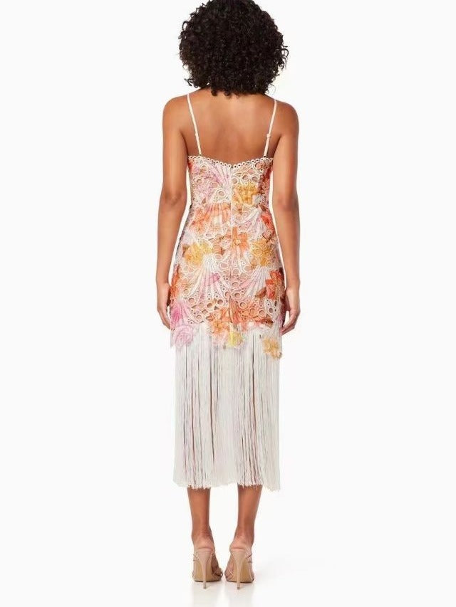 Holiday style colorful printed embroidered hollowed out water-soluble lace tassel camisole dress medium length skirt